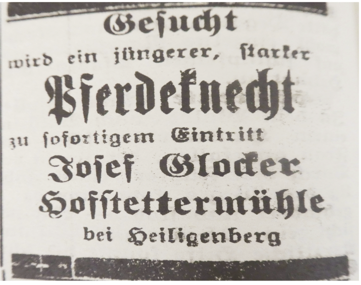 Stelleninserat für einen Knecht auf der Hofstetter Mühle