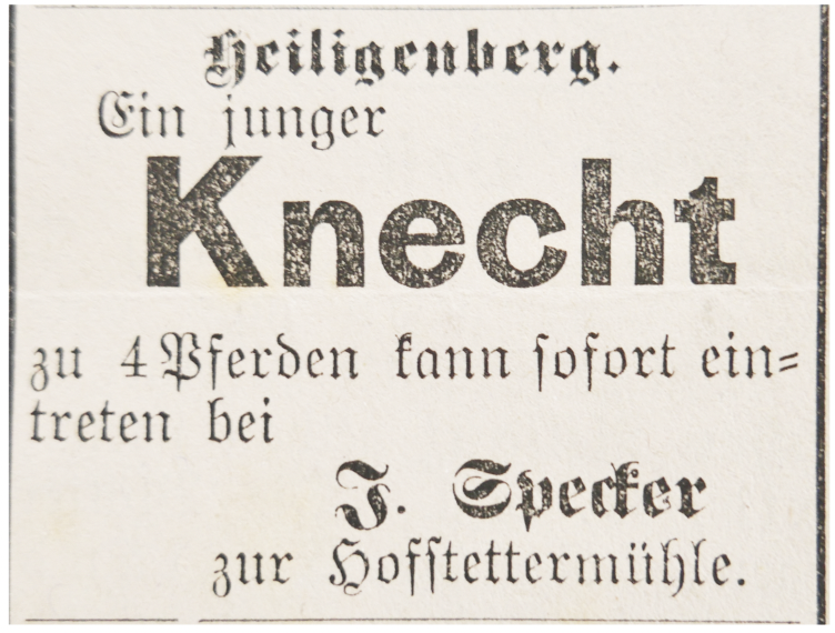 Stelleninserat für einen Knecht auf der Hofstetter Mühle